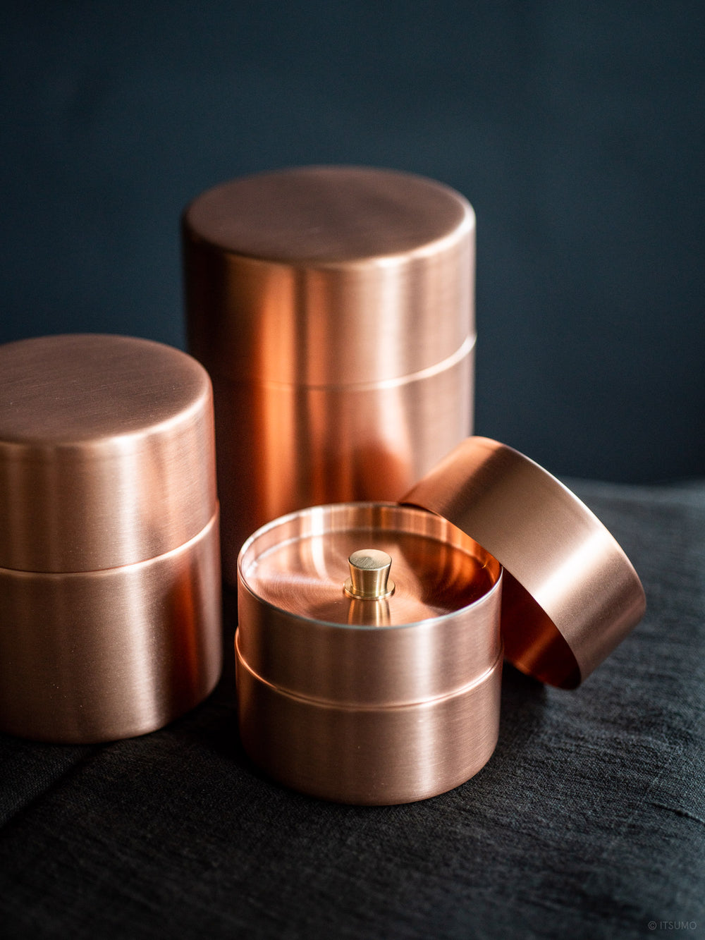 Open lid of an Azmaya copper tea canister showing inner lid to protect the tea leaves from moisture