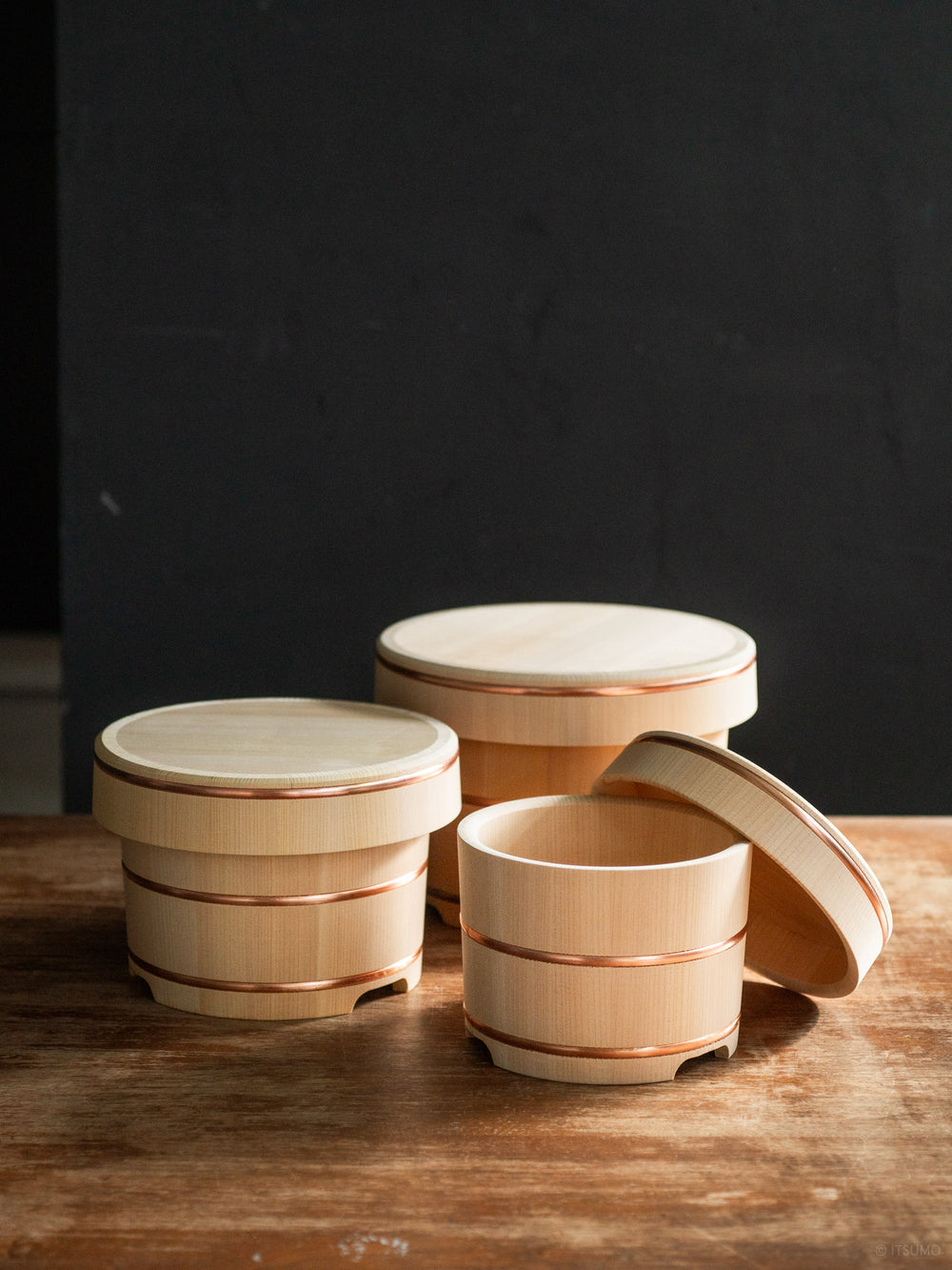 Kiso sawara ohitsu rice chests in three sizes: 2 go, 3 go, and 5 go