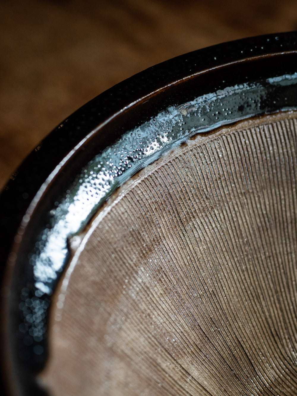 Inside of iga suribachi mortar showing textured ceramic lines, made using iga-ware pottery techniques in Japan