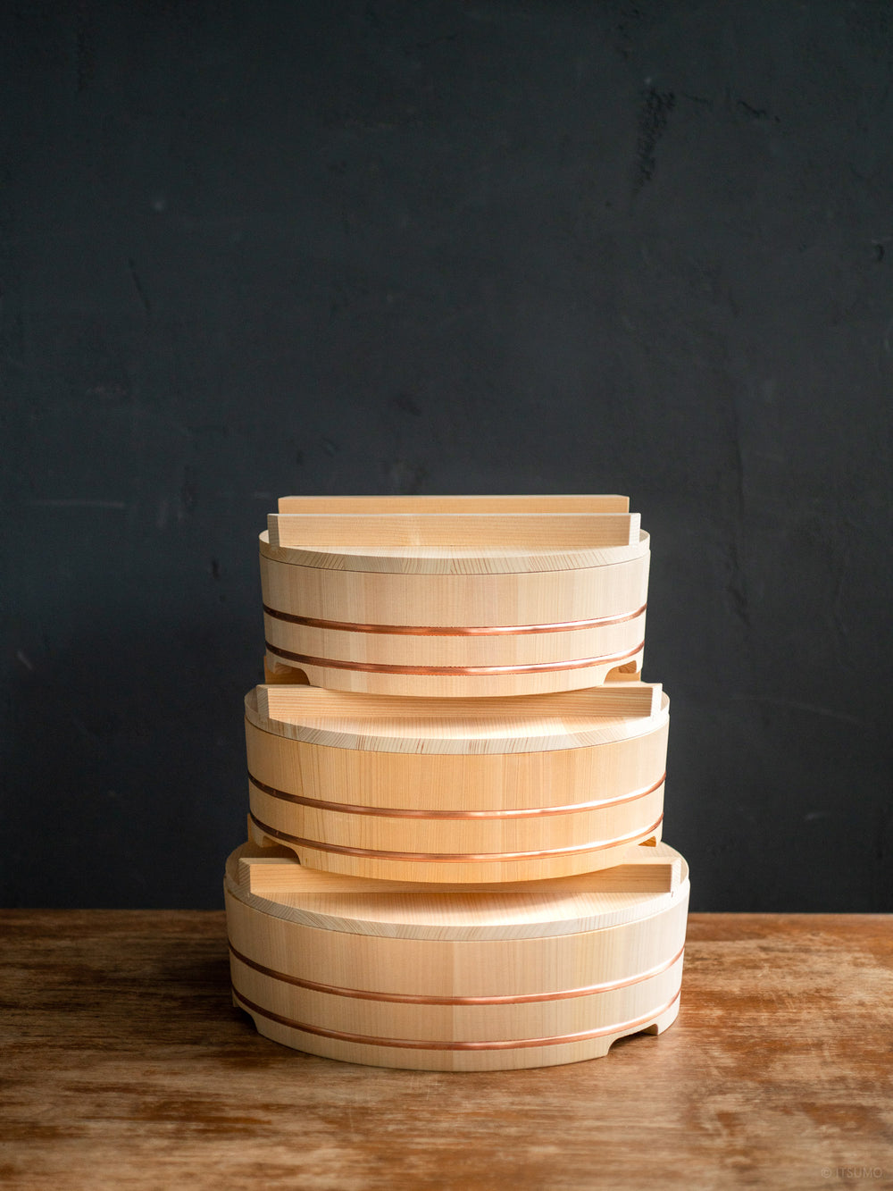 Azmaya kiso sawara sushi rice mixing bowl in three sizes: 2 go, 3 go, and 5 go
