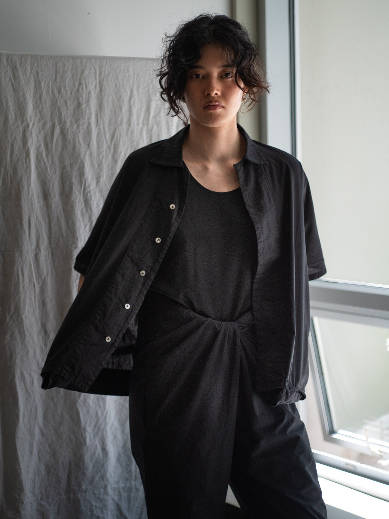 Dolman Sleeve Open-collar Shirt - Black