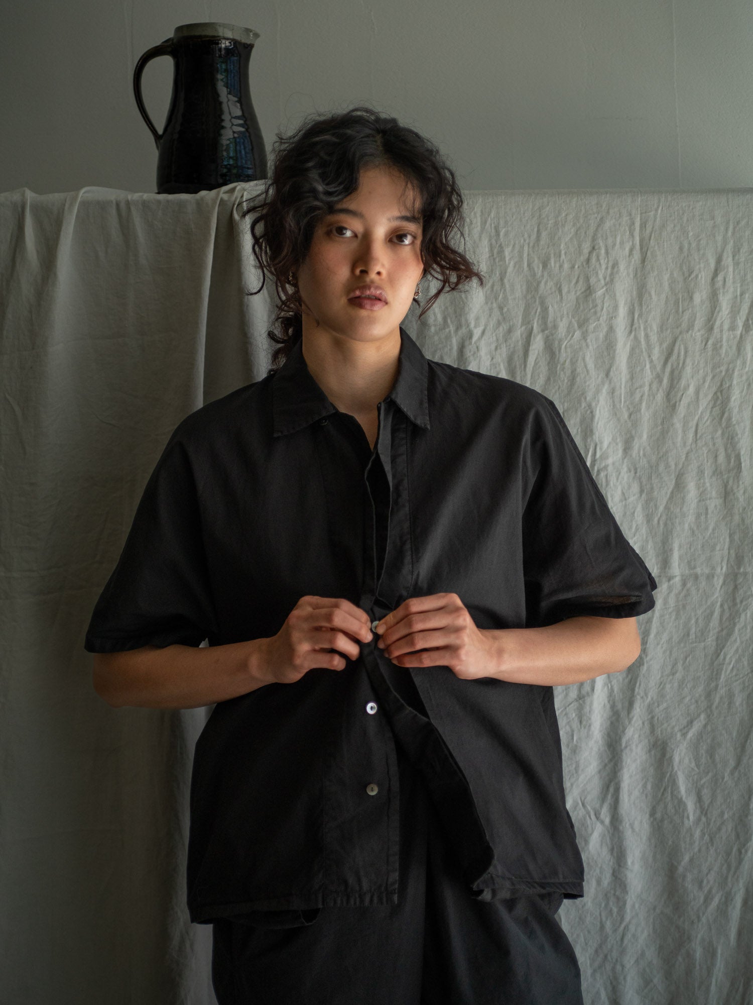 Dolman Sleeve Open-collar Shirt - Black