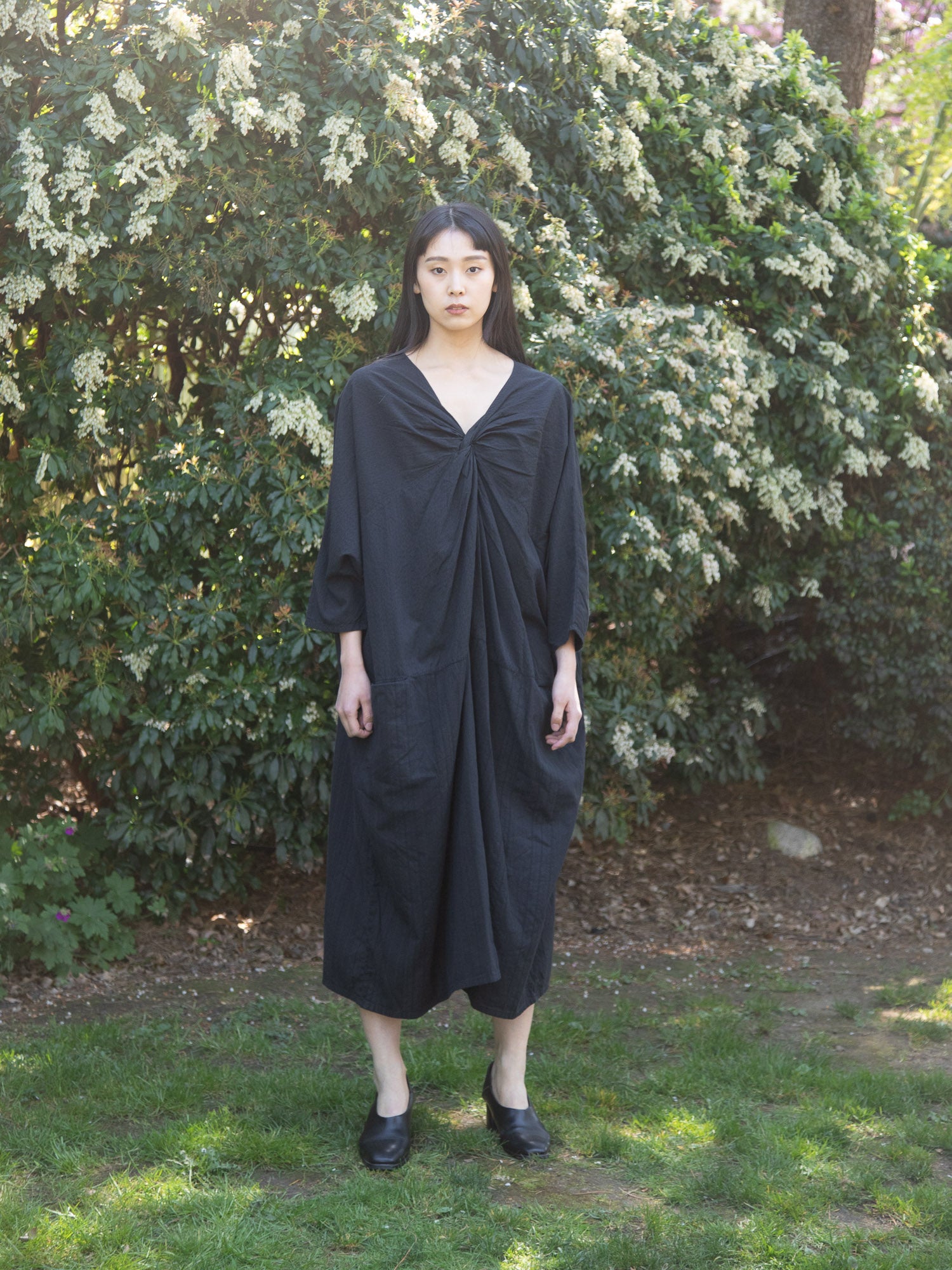 European Stripe Twisted Dress Black