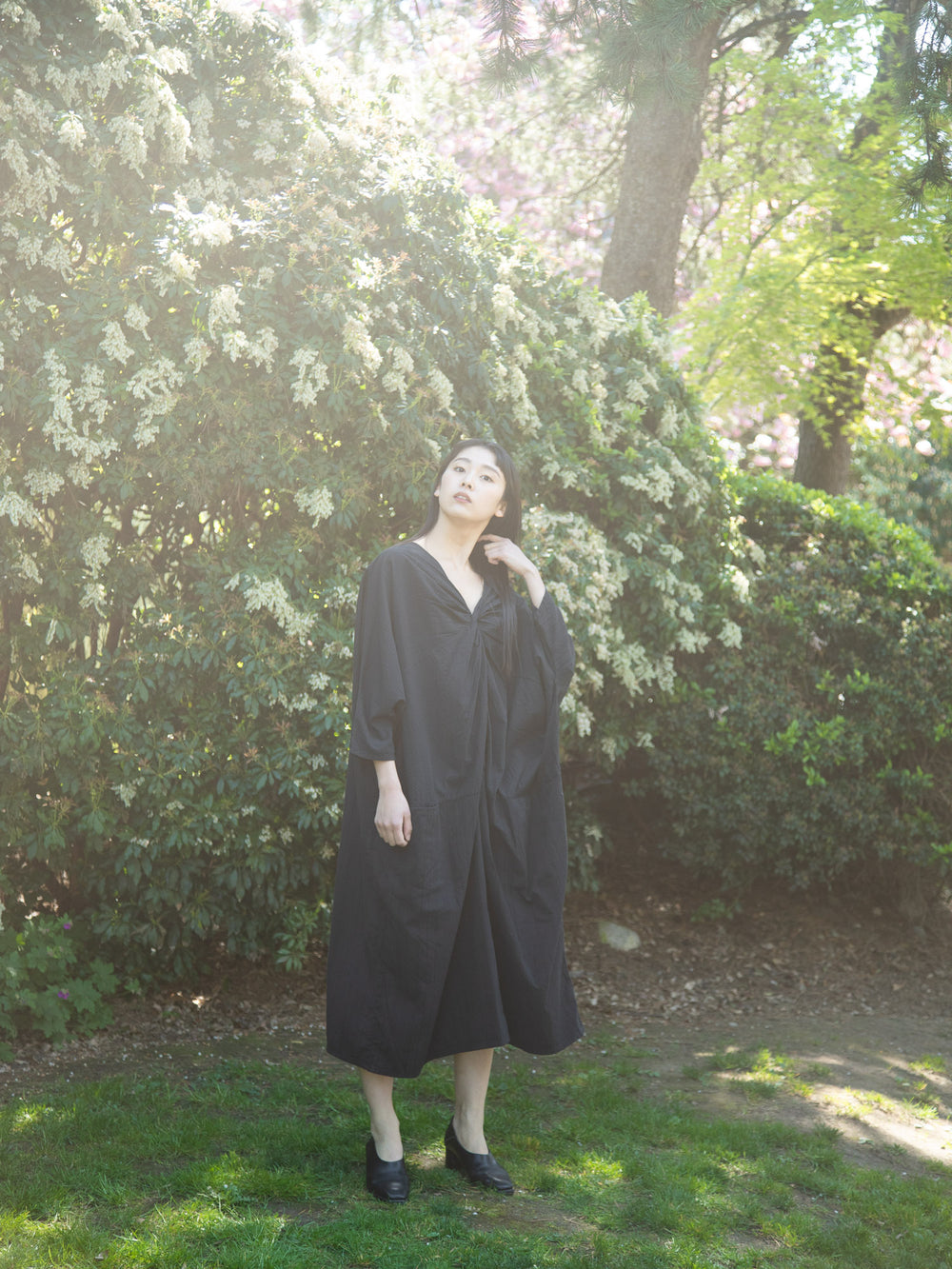 European Stripe Twisted Dress Black