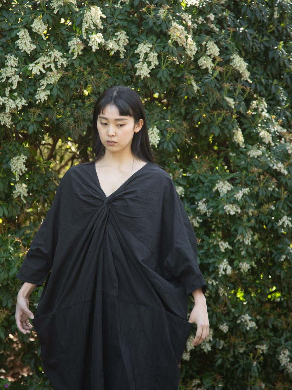 European Stripe Twisted Dress Black