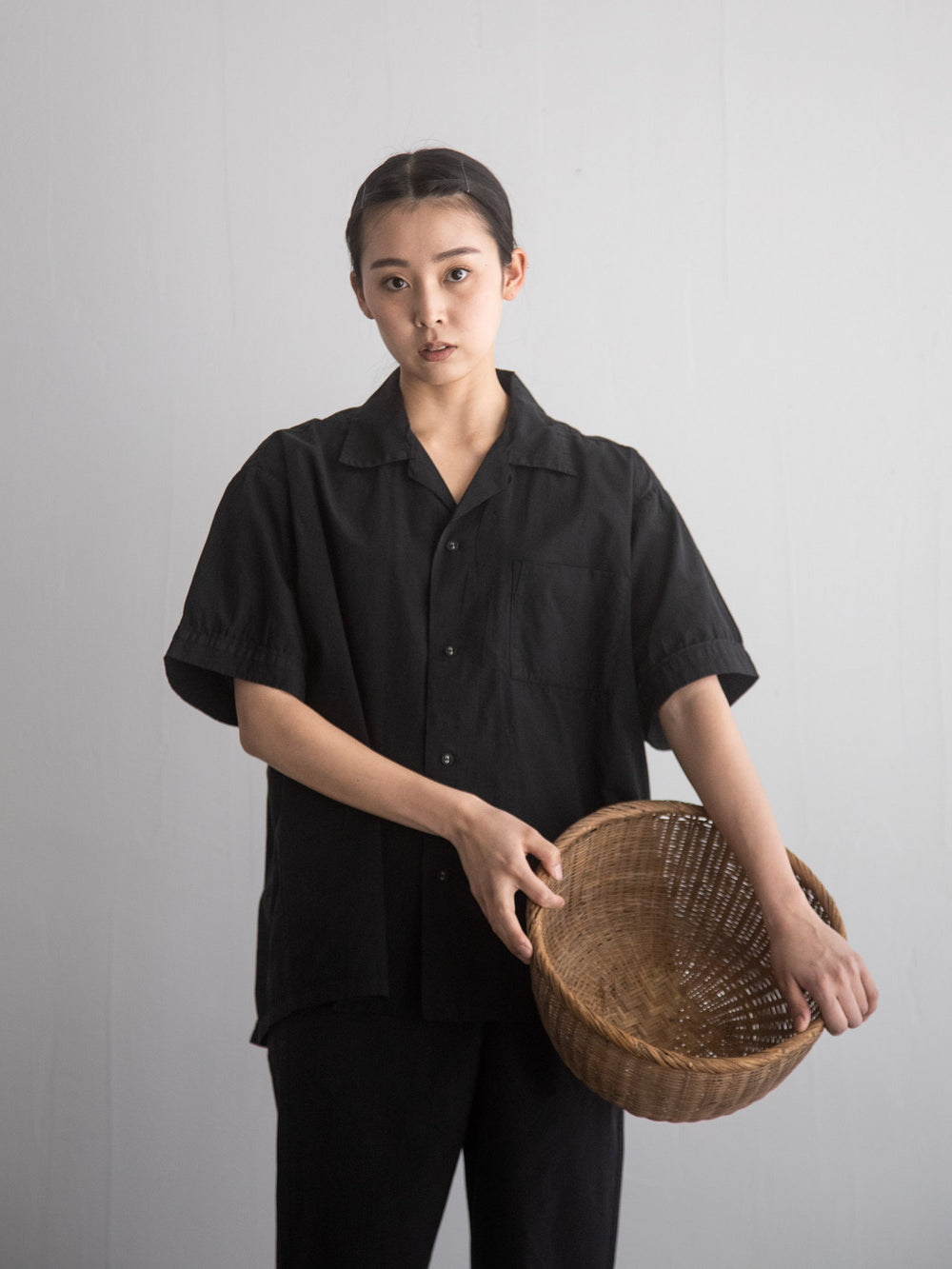 Organic Cotton Open-Collar Shirt Black