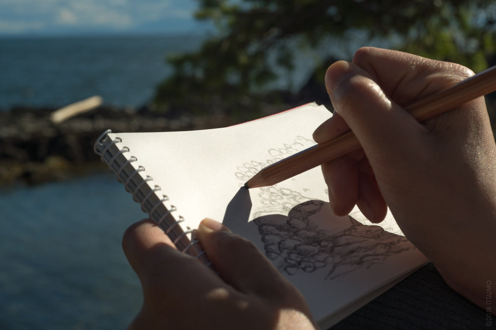 Drawing in a sketchbook next to the ocean on Bowen Island, BC