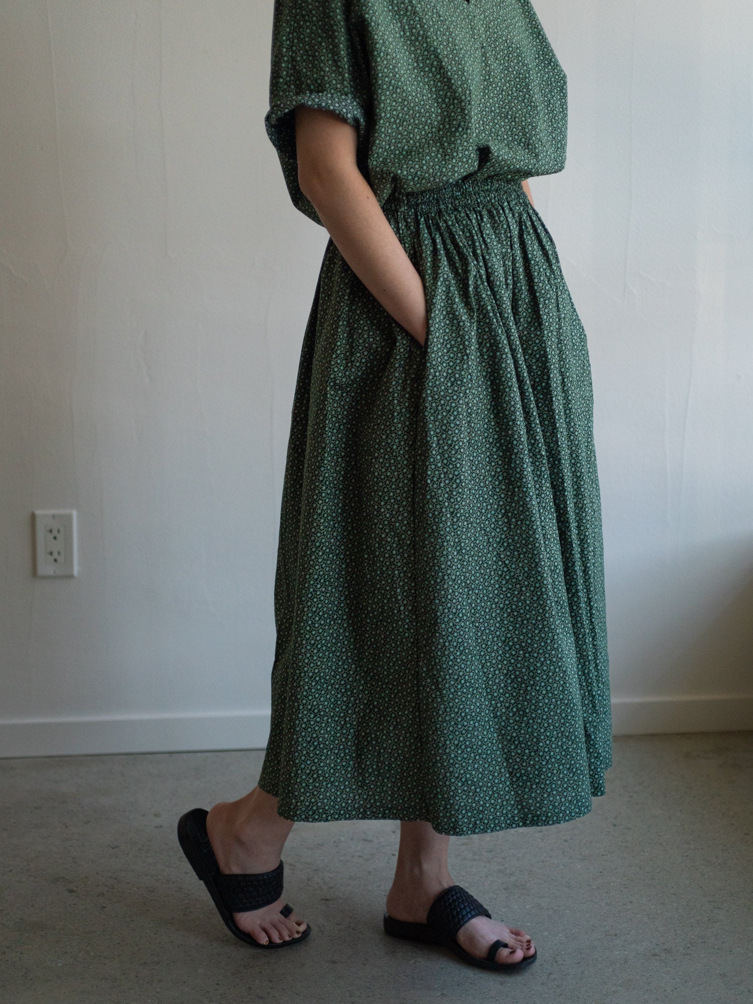 Flower Print Gathered Skirt – Green