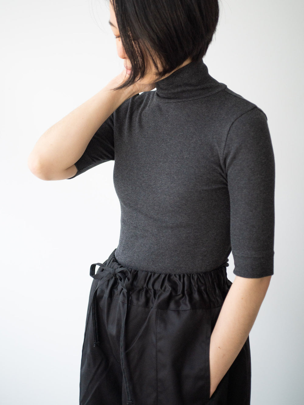 Ribbed Cotton Half Sleeve High Neck Shirt