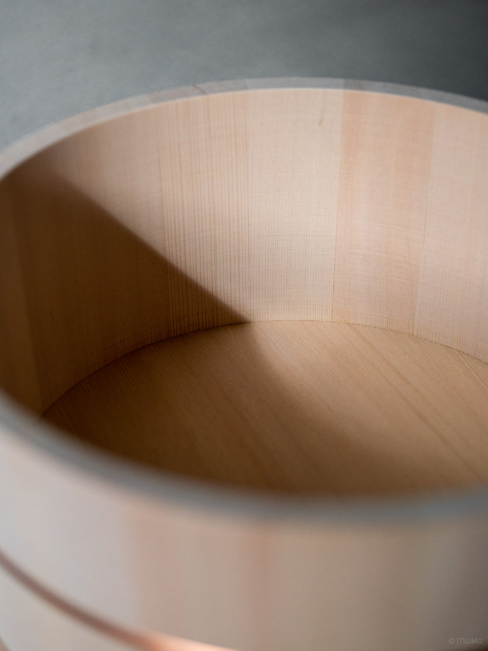 Close up of the wood grain on a Japanese hinoki wood bath bowl