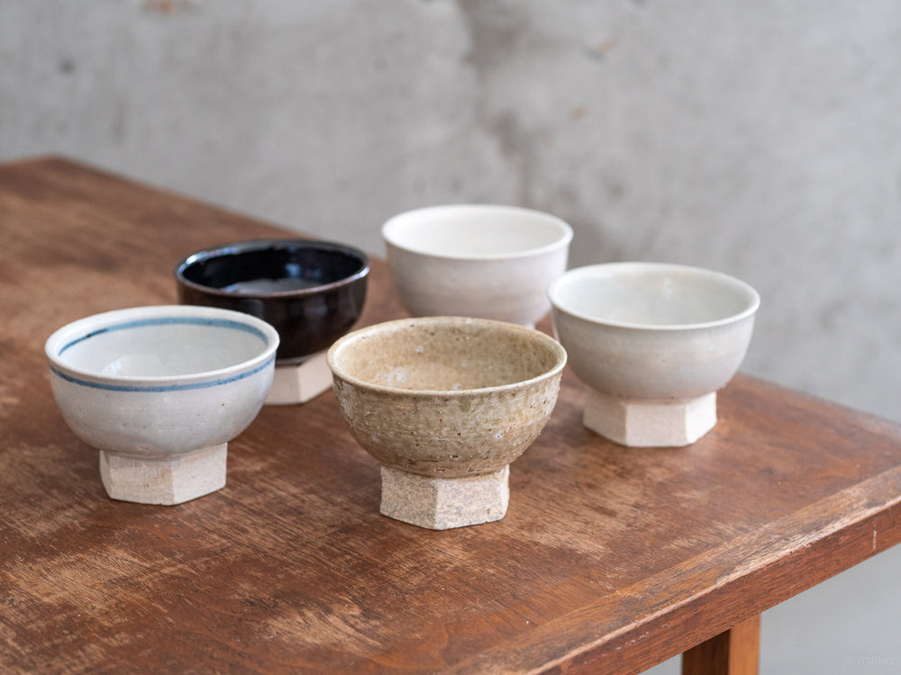 Six small iga ware ceramic bowls using local Japanese clay, each with a different glaze