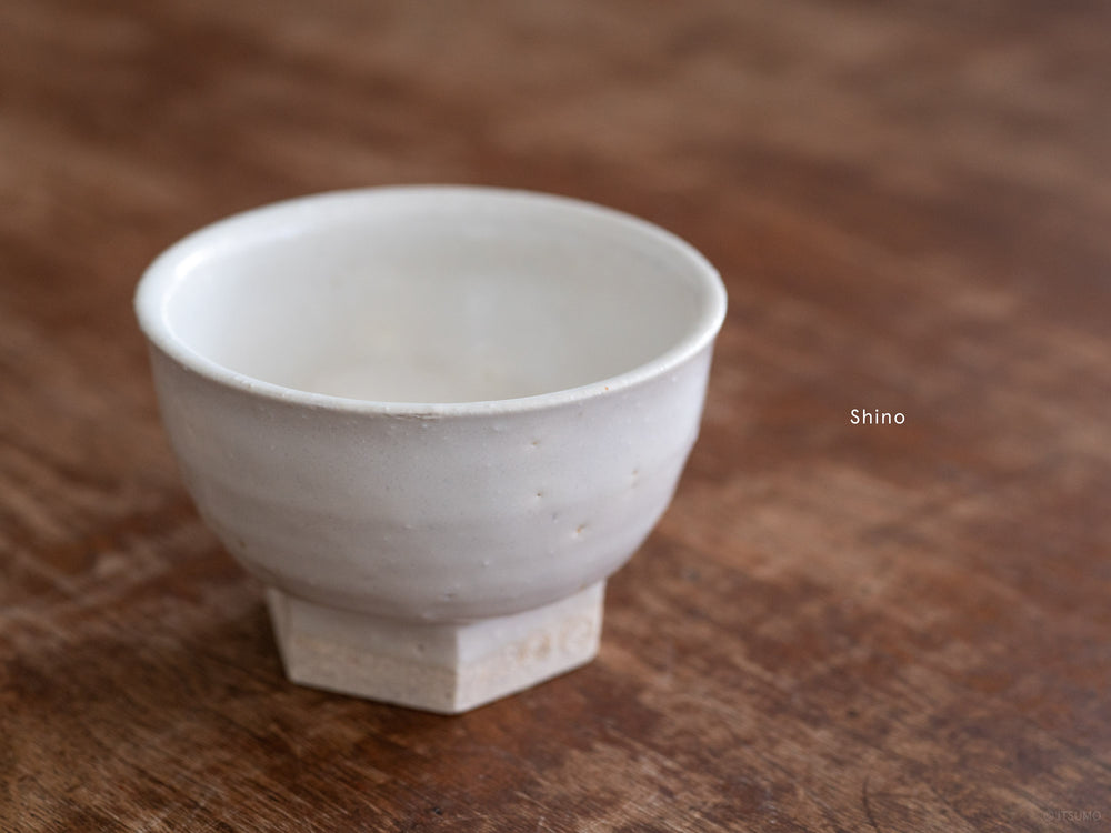 Small iga ware ceramic bowl with hexagon base in white shino glaze