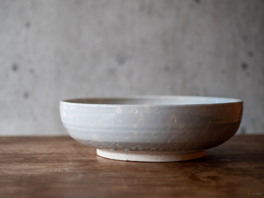 Side view of a large iga ware pottery serving bowl, in a white sekkai glaze