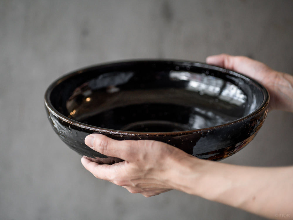 Azmaya large serving bowl made in Japan using traditional iga ware pottery in a black kuroame glaze