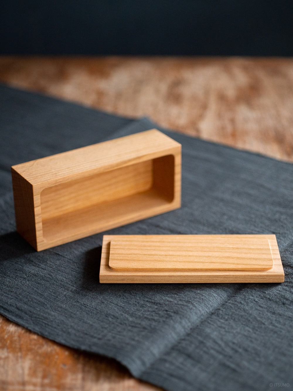 Azmaya cherry wood butter case with open lid