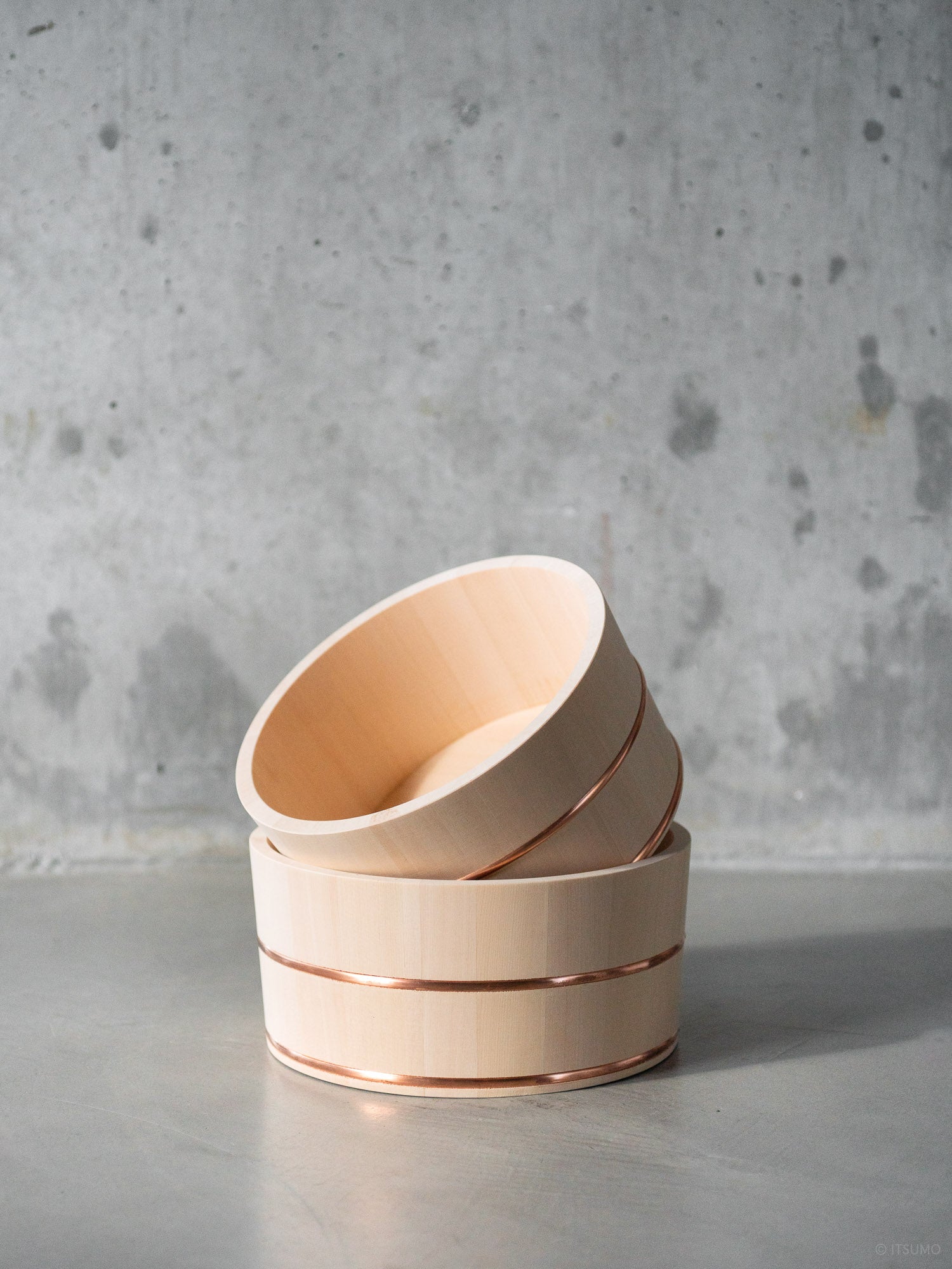 Azmaya hinoki wood bath bowl with copper trim