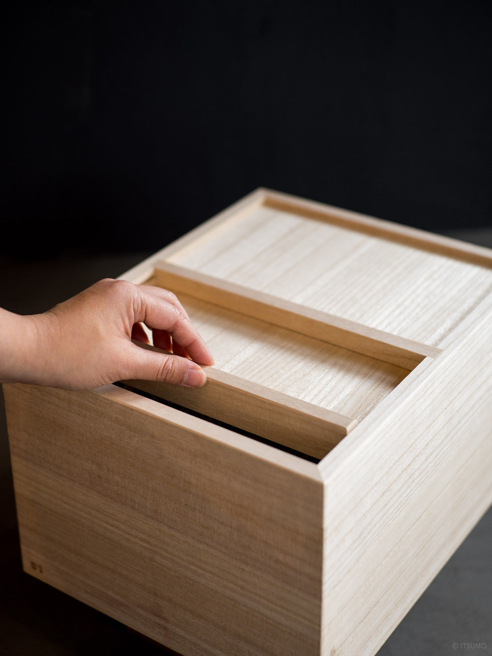 Azmaya kiri wood rice storage box with sliding wood opening 