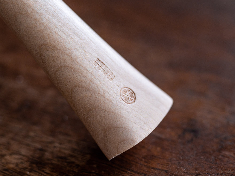 Wood brand logo on the end of the miyajima rice scoop handle