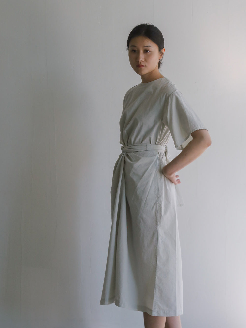 Cotton Silk Broadcloth Wrapped Dress - Silver Quartz