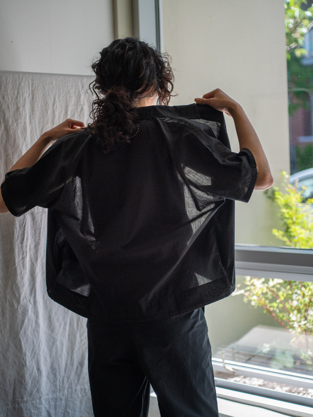 Dolman Sleeve Open-collar Shirt - Black