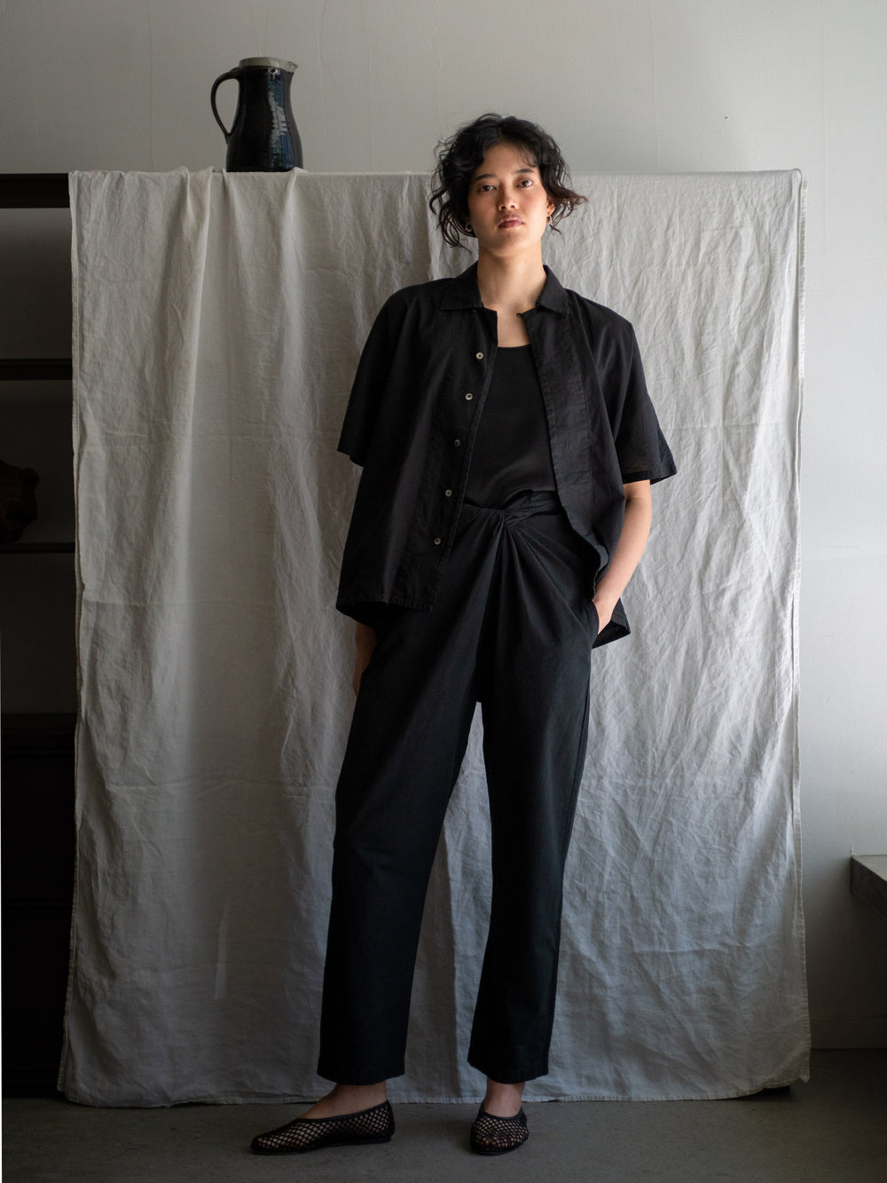 Dolman Sleeve Open-collar Shirt - Black