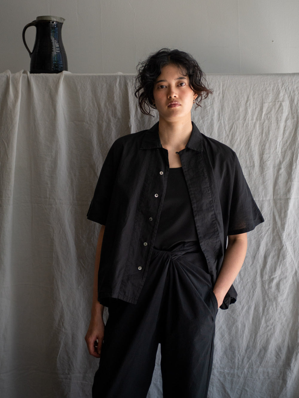 Dolman Sleeve Open-collar Shirt - Black