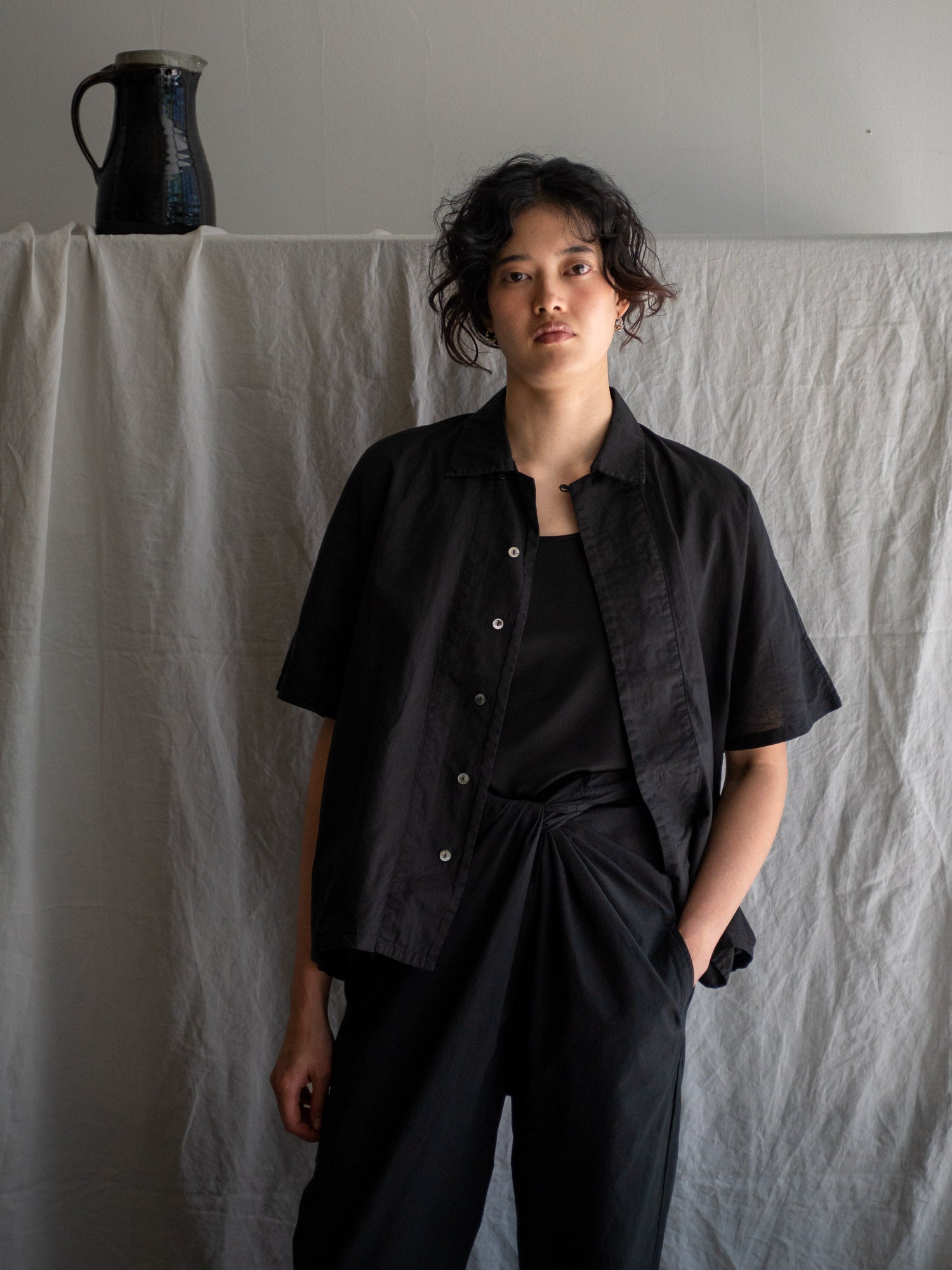 Dolman Sleeve Open-collar Shirt - Black