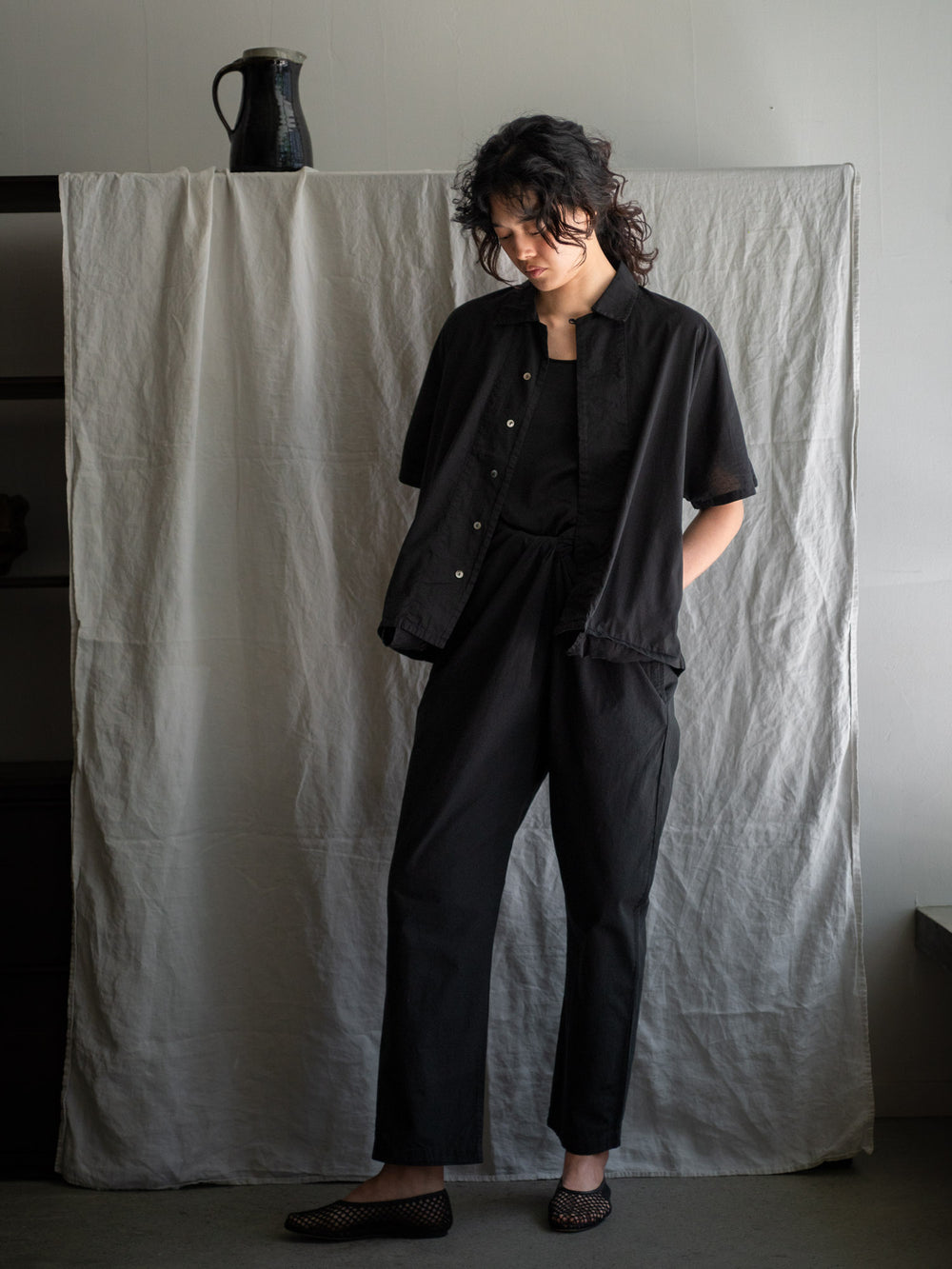 Dolman Sleeve Open-collar Shirt - Black