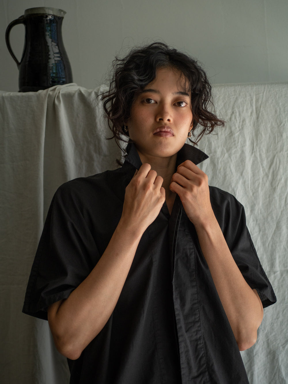 Dolman Sleeve Open-collar Shirt - Black