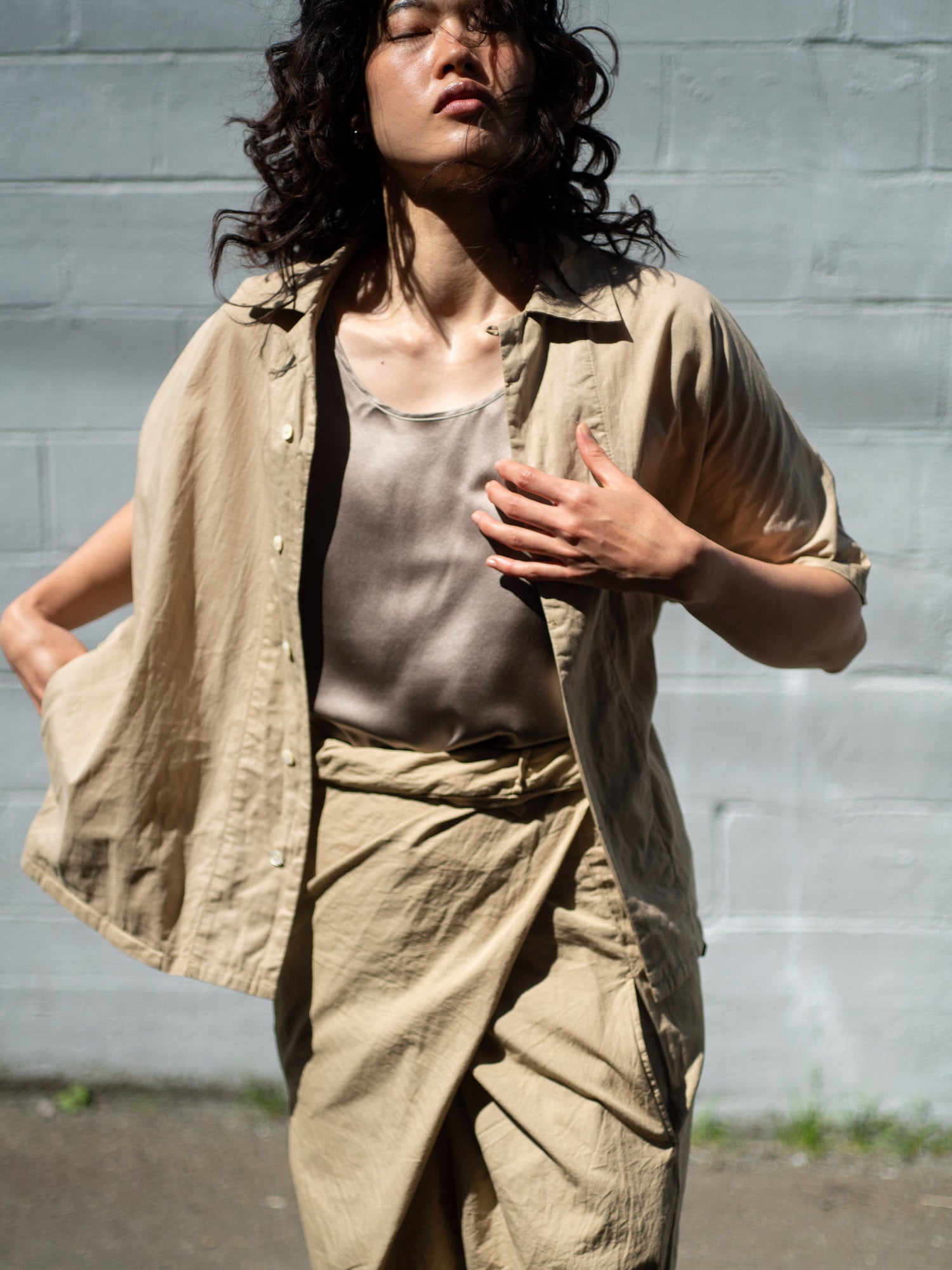 Dolman Sleeve Open-collar Shirt - Light mud
