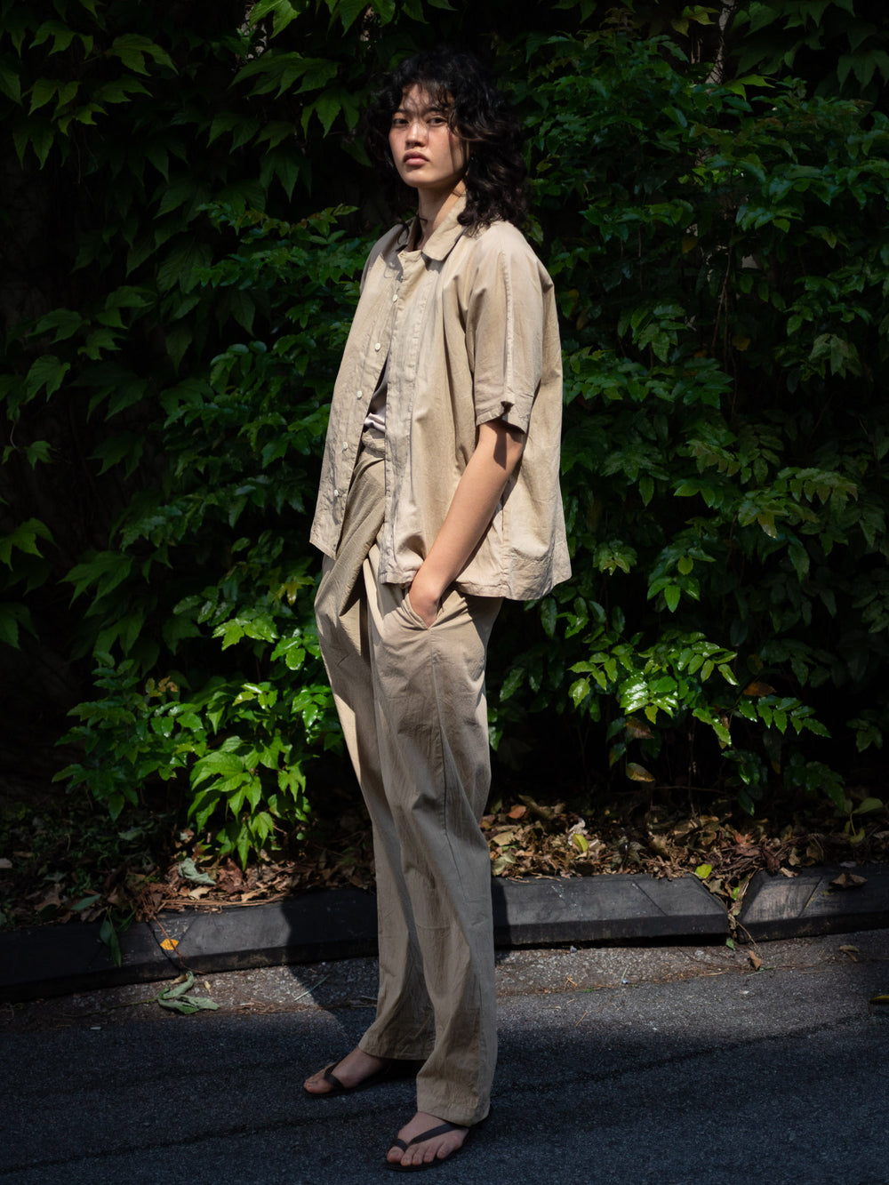 Dolman Sleeve Open-collar Shirt - Light mud