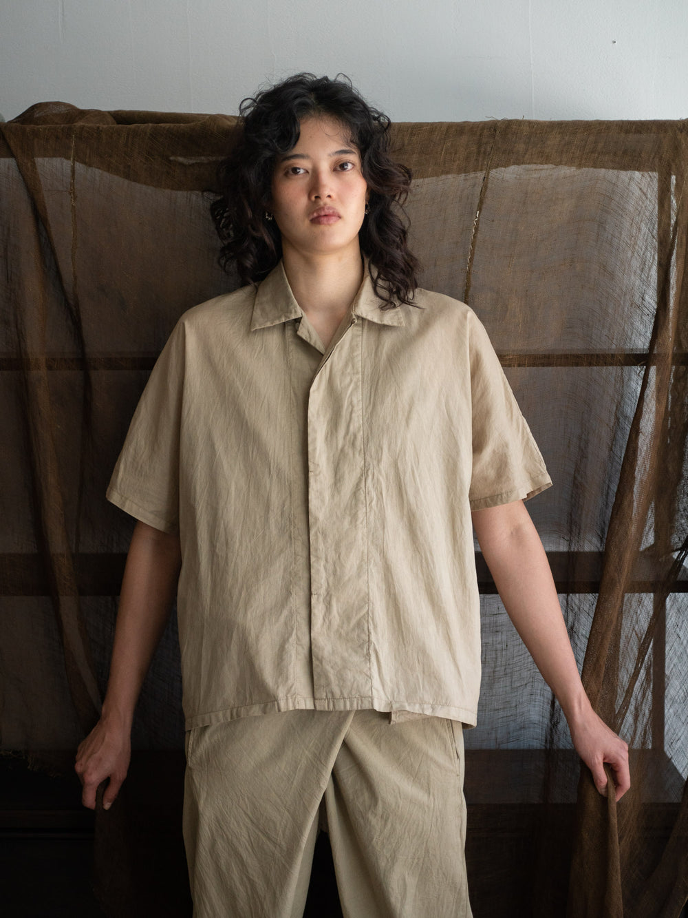 Dolman Sleeve Open-collar Shirt - Light mud