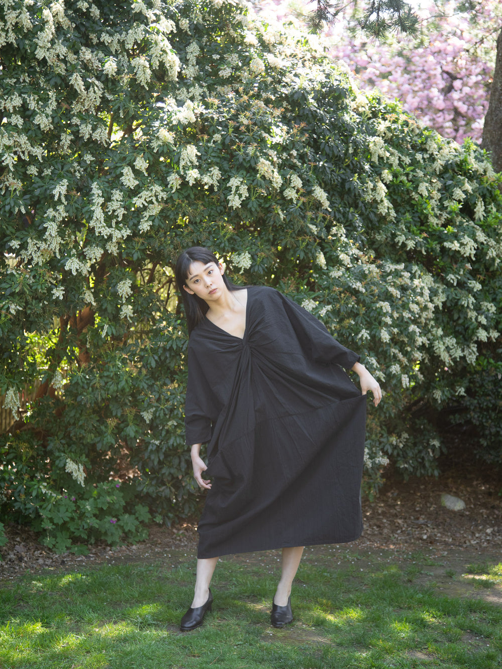 European Stripe Twisted Dress Black