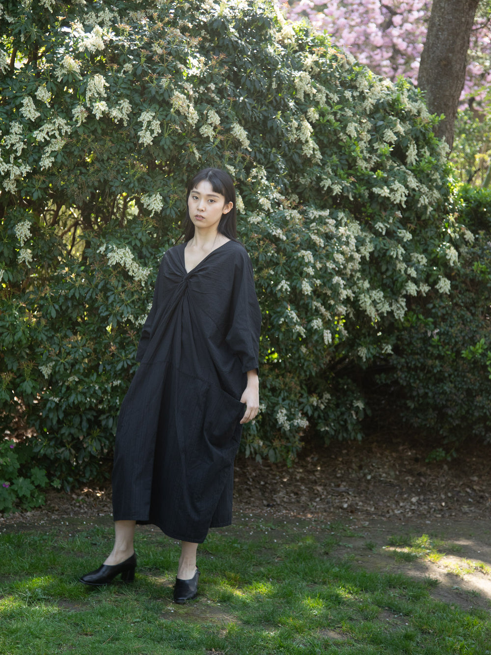 European Stripe Twisted Dress Black