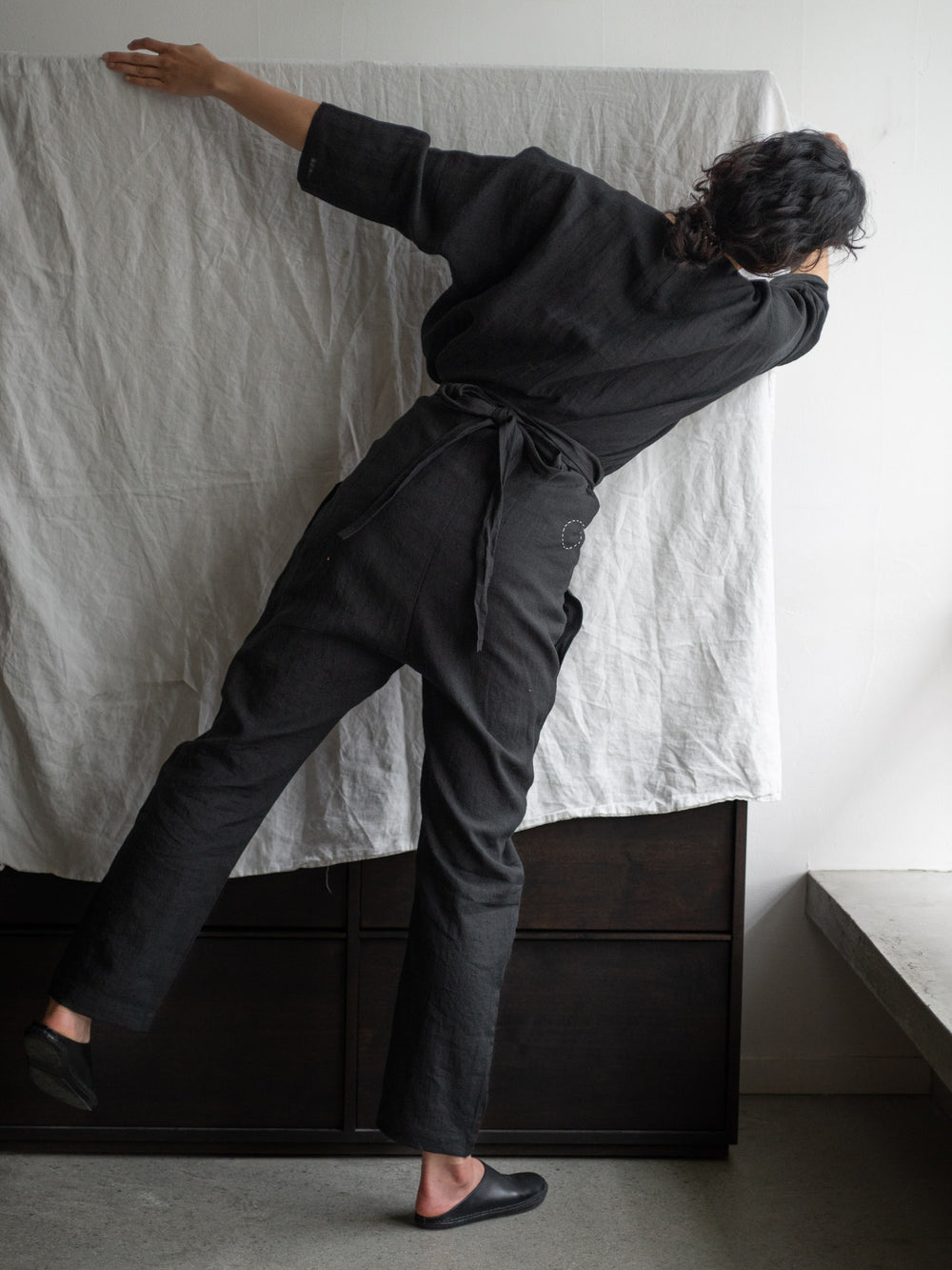 Linen Sheeting Wrapped Pants - Black