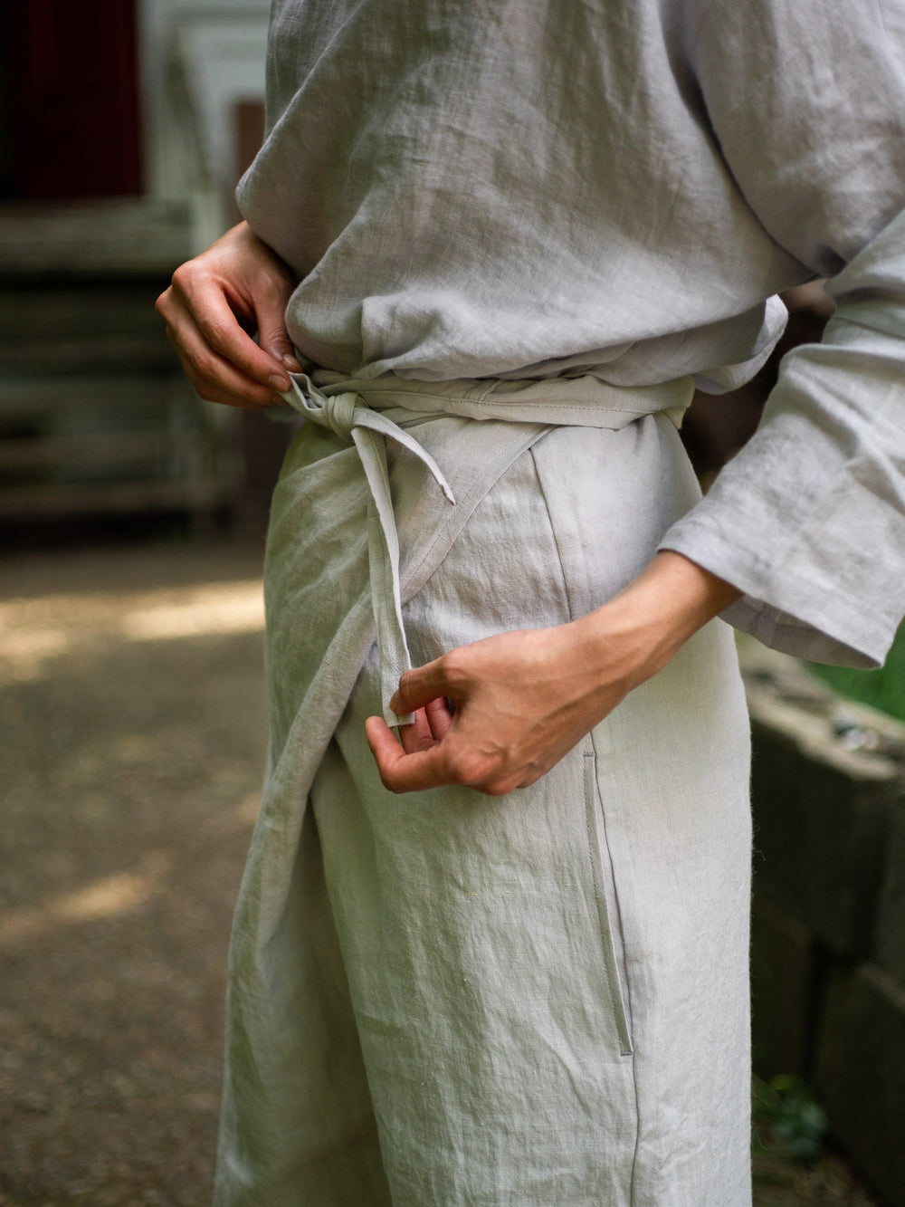 Linen Sheeting Wrapped Pants - Light Grey