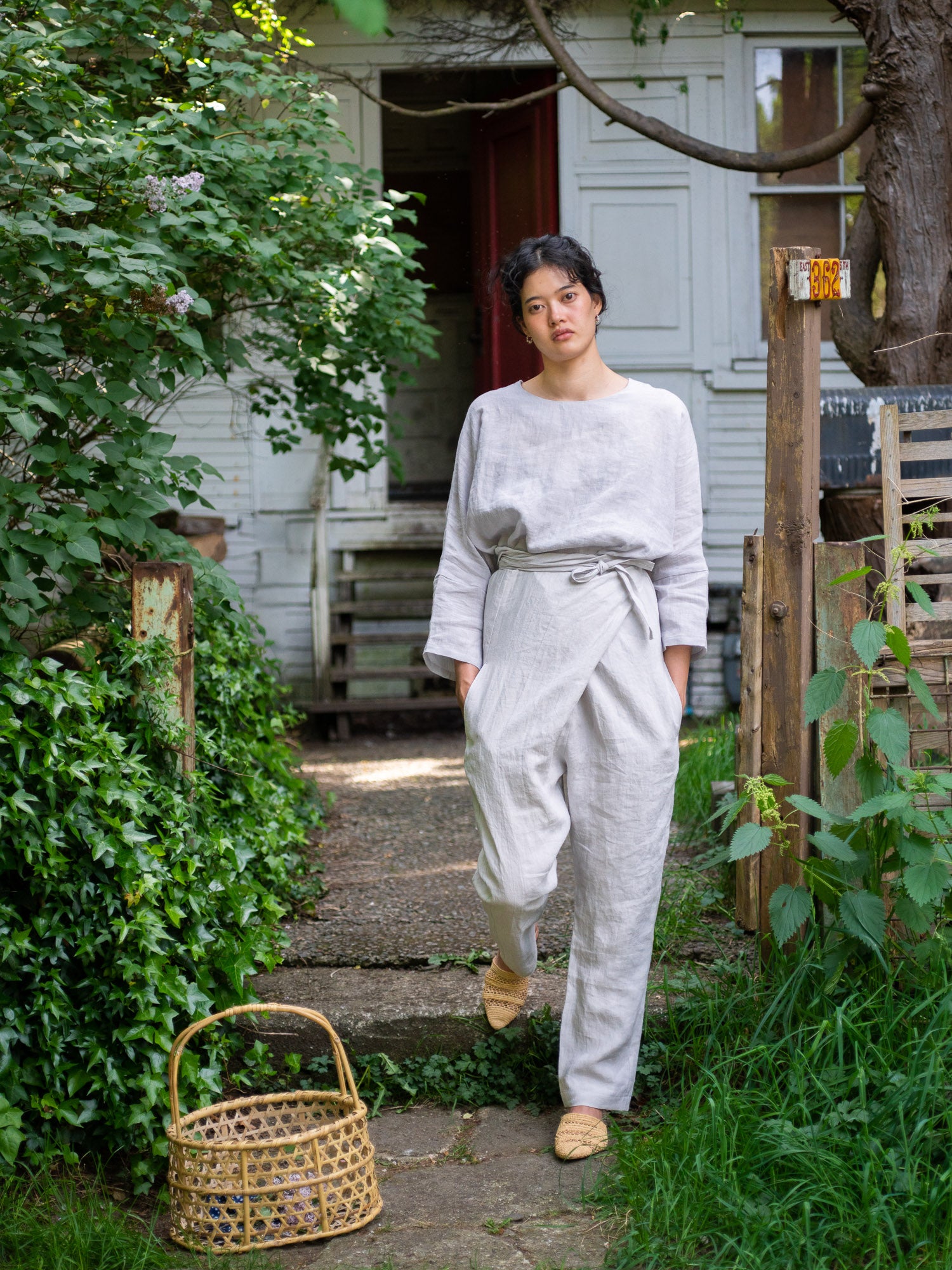 Linen Sheeting Wrapped Pants - Light Grey