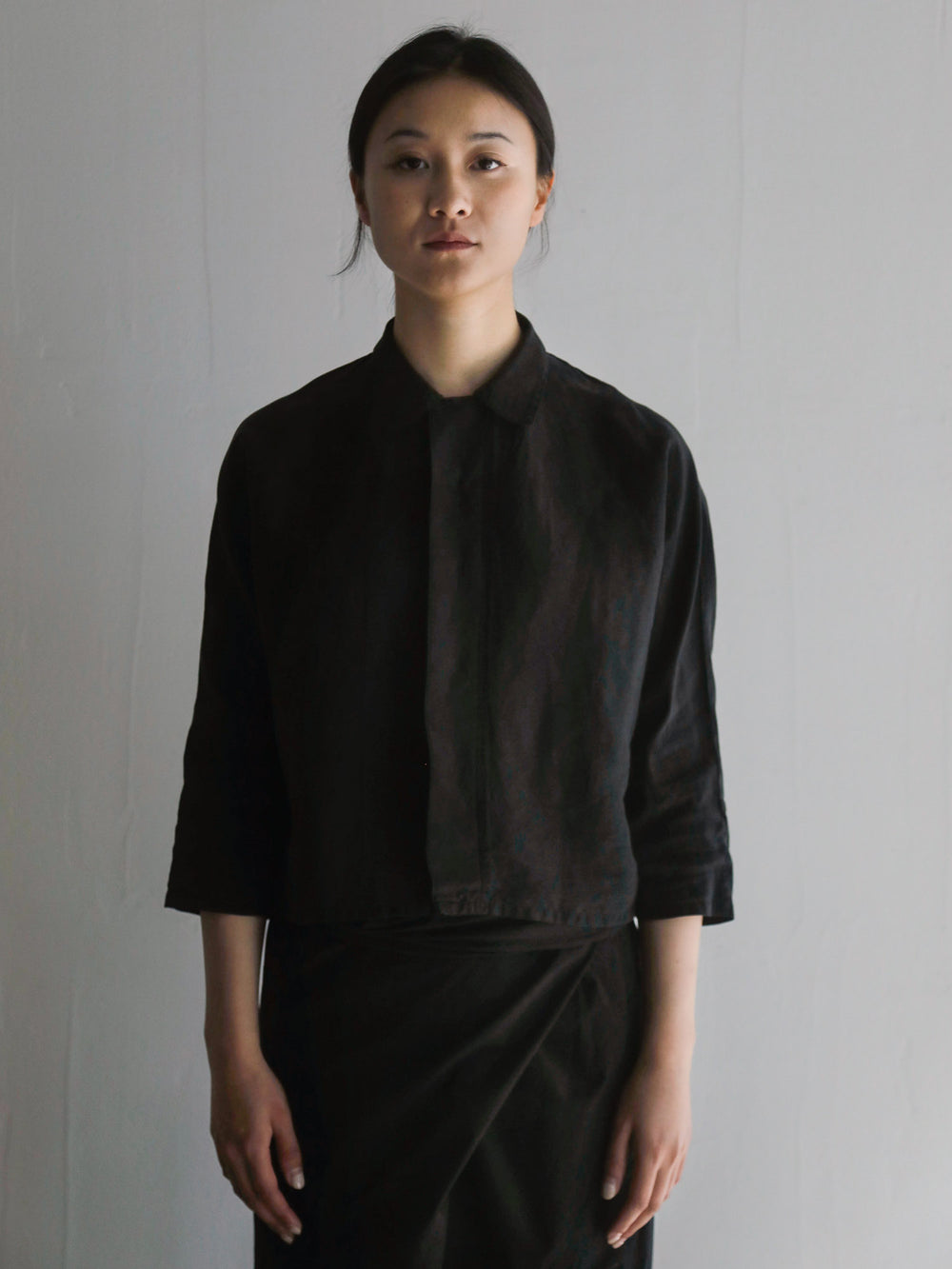 Silk Paper Grogram Dolman-Sleeve Shirt - Black