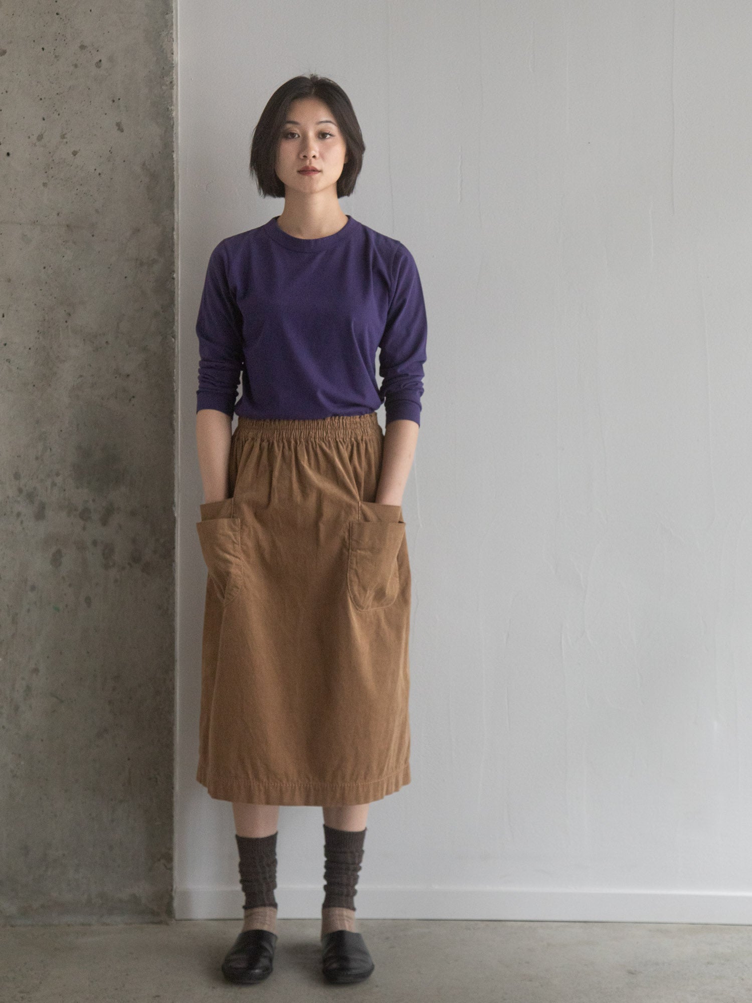 Corduroy Skirt with Double Pocket – Beige