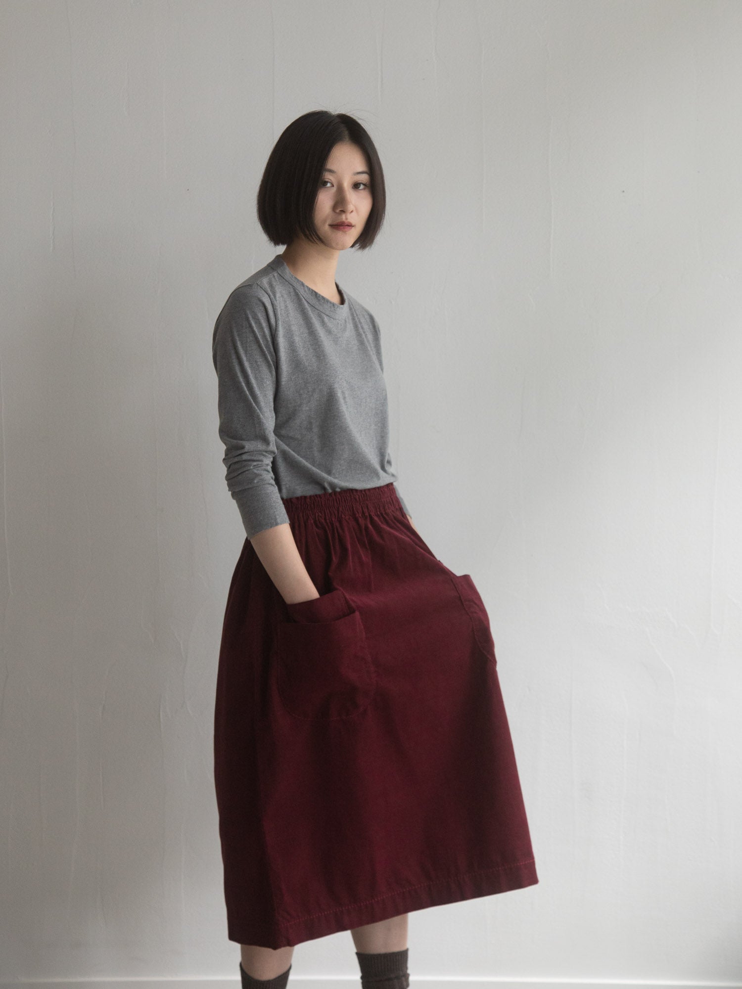 Corduroy Skirt with Double Pocket Burgundy