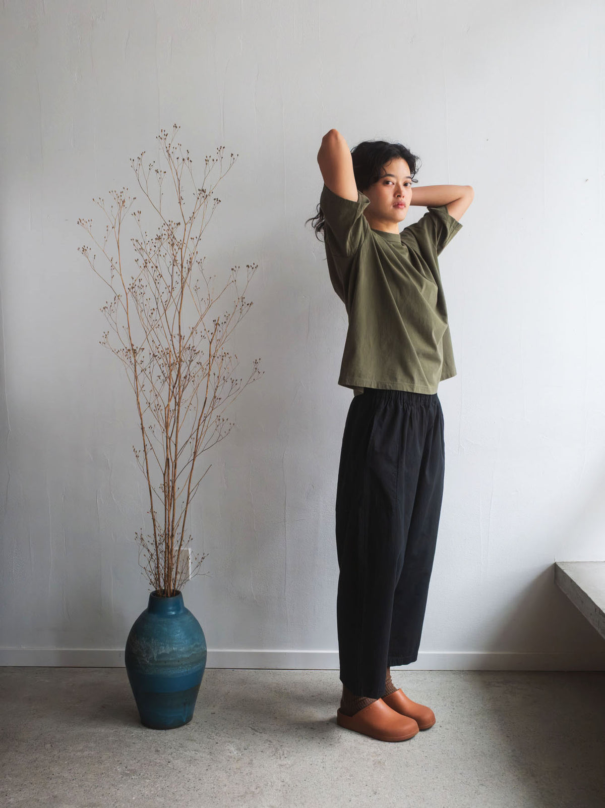 Gathered Cotton Pants - Black