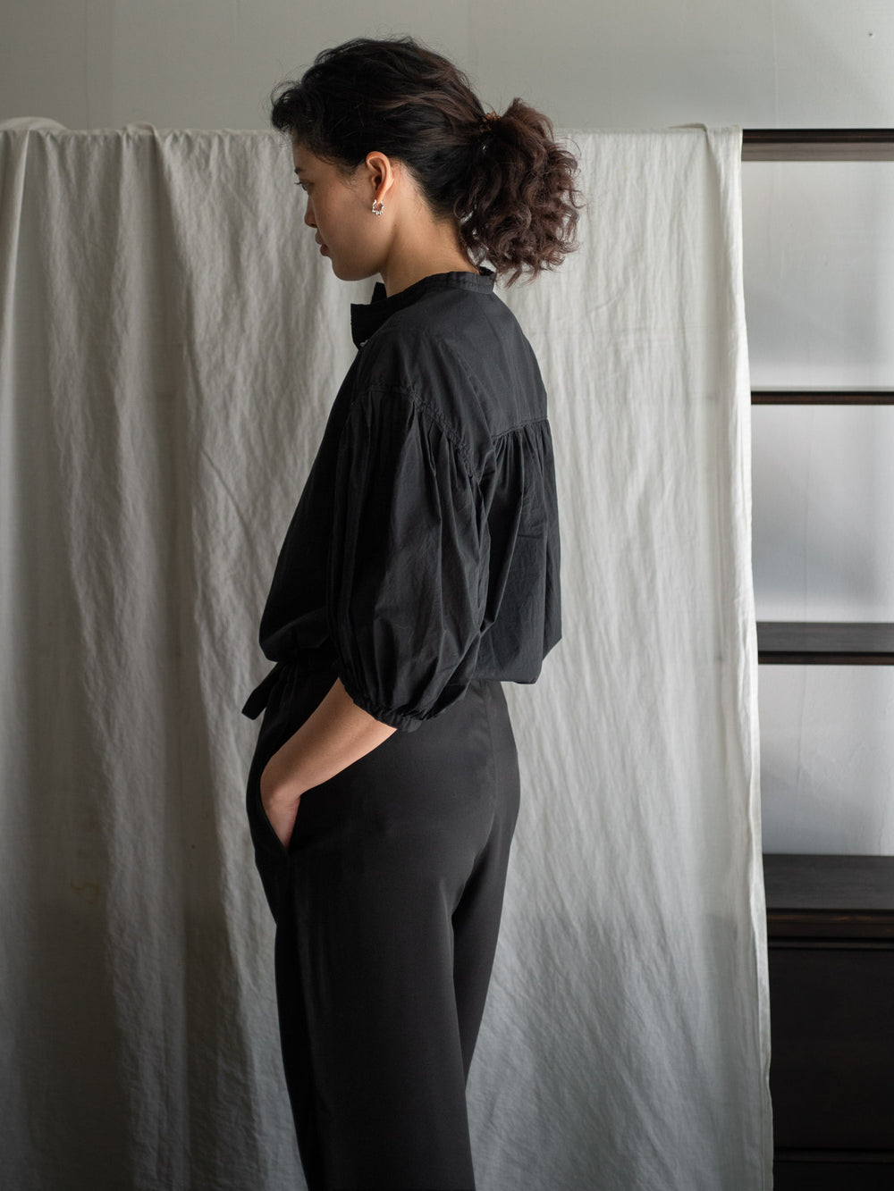 Cotton Puff Sleeve Shirt - Black