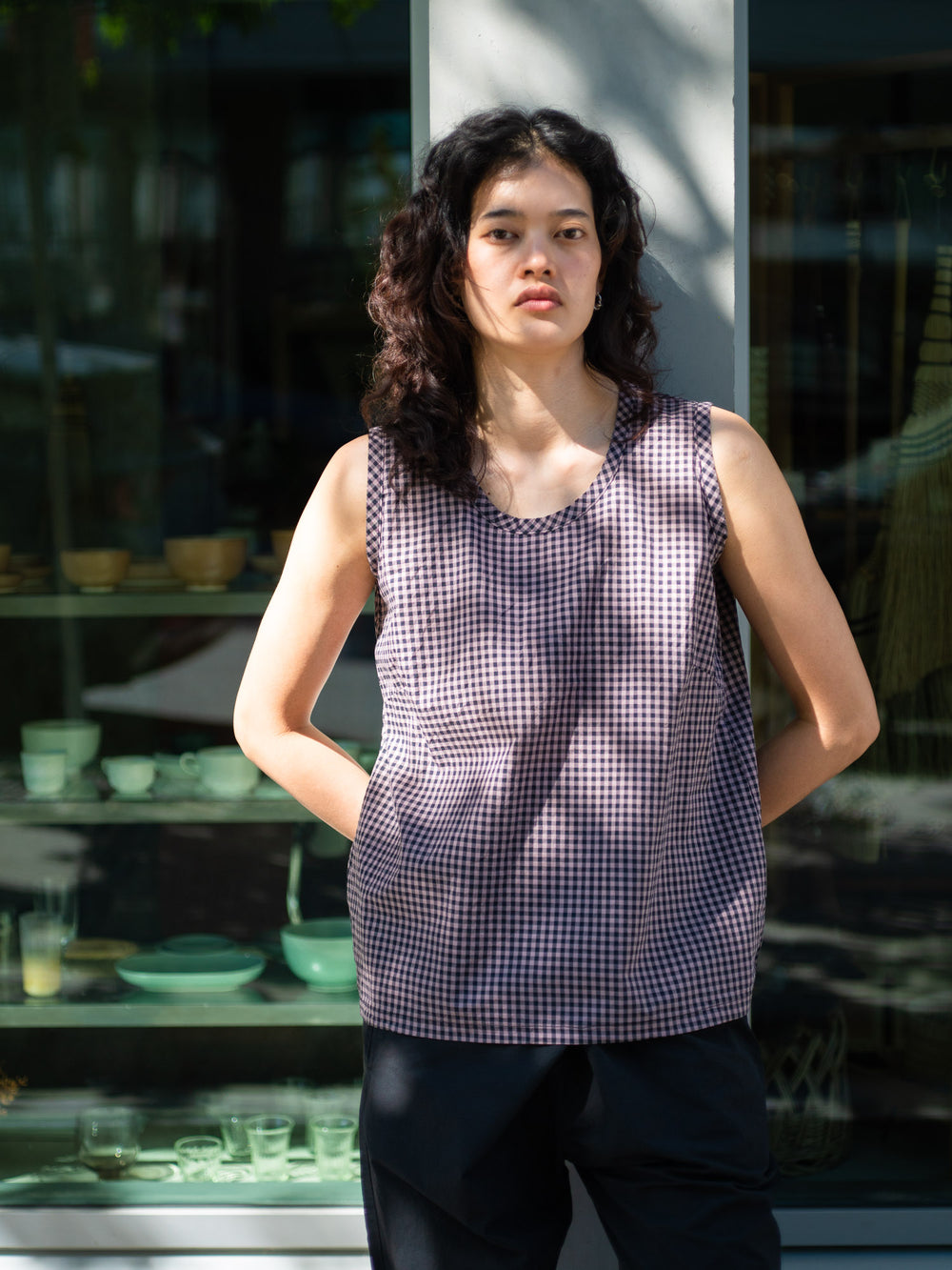 Light Cotton Sleeveless Blouse - Mauve Gingham