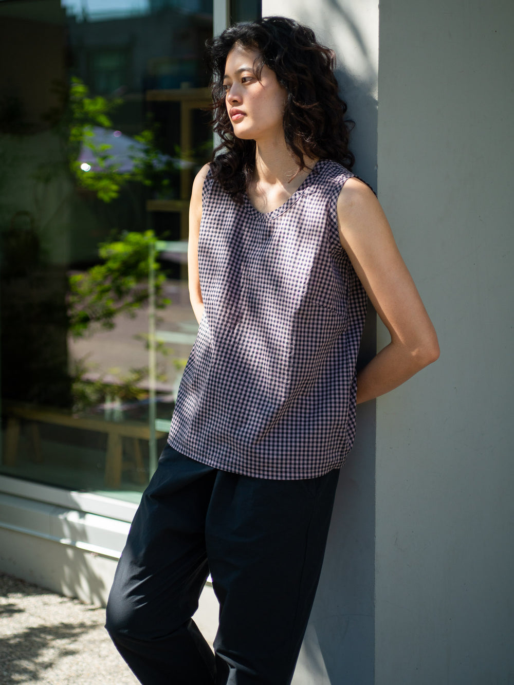 Light Cotton Sleeveless Blouse - Mauve Gingham
