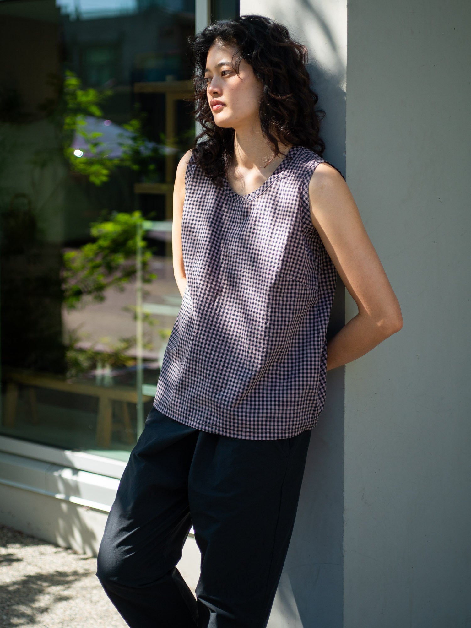 Light Cotton Sleeveless Blouse - Mauve Gingham