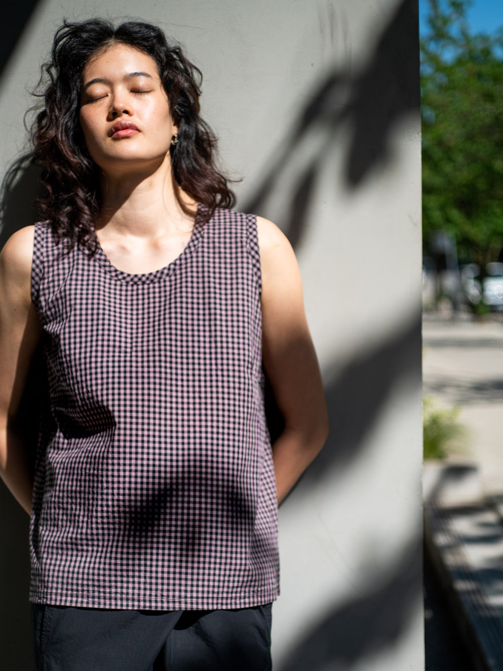 Light Cotton Sleeveless Blouse - Mauve Gingham