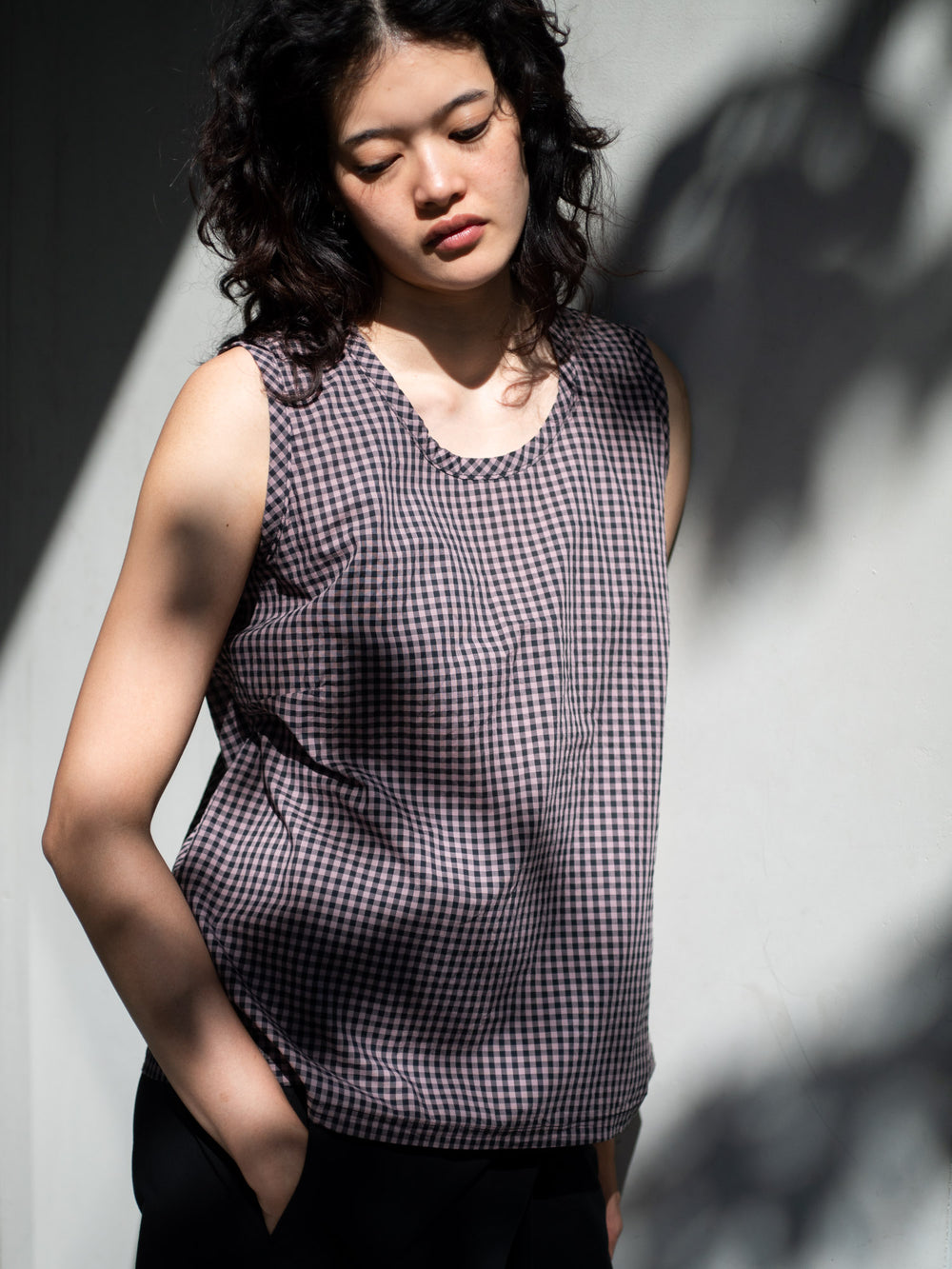 Light Cotton Sleeveless Blouse - Mauve Gingham