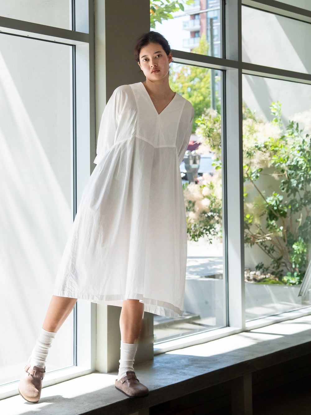 Smooth Cotton V-Neck Wide Dress