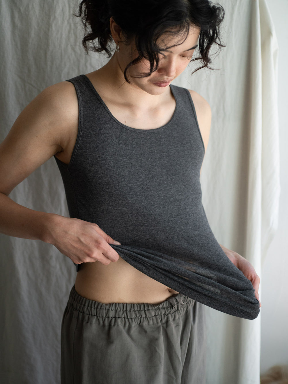 Thin Cotton Double Layer Tank Top - charcoal