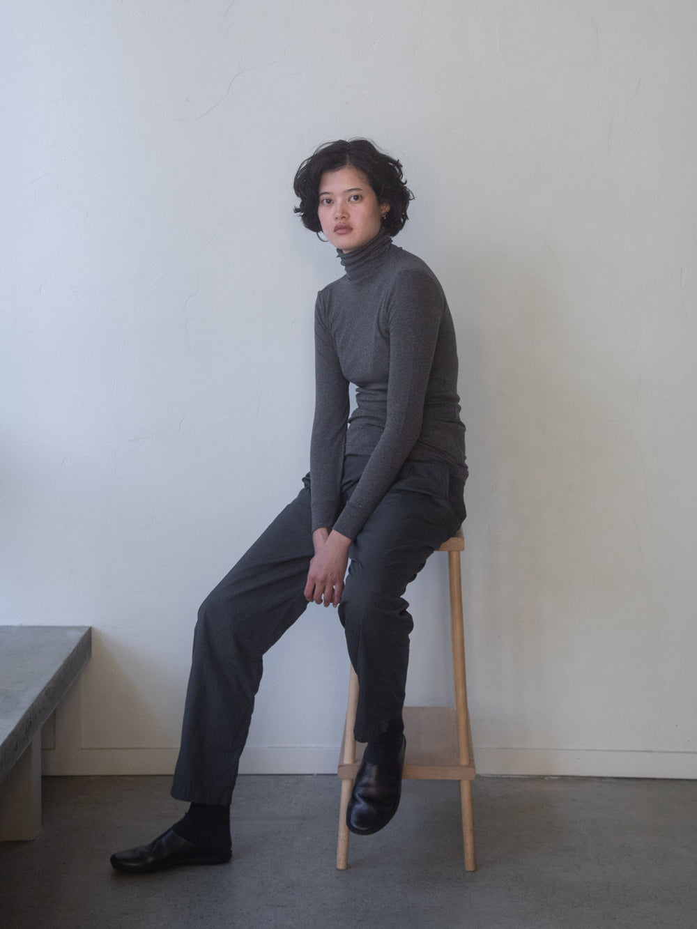 Thin Cotton Turtleneck Shirt - Charcoal